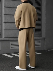 SLATEMANN Men's Casual Long Sleeve Jacket And Pants Set With Snap Buttons - Khaki - View 5