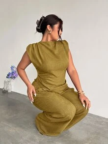 Firerie 大尺碼女款純色不對稱下擺襯衫與寬腿褲休閒兩件套 - 金色 - 查看 7