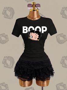 Betty Boop x SHEIN 女款卡通圖案休閒日常短袖T恤 - 黑色 - 查看 9