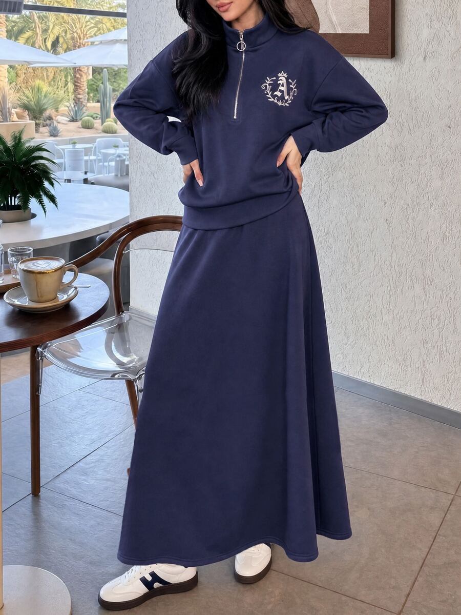 Solavon Women's Embroidered Zipper Half-Placket Sweatshirt And Long Skirt Arabic Outfit Set - Blue - View 1