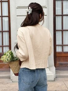 Serisse 女款素色長袖前綁帶休閒襯衫 - 杏色 - 查看 2