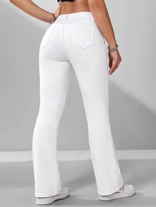 SHEIN ICON 女款休閒日常旅行牛仔褲，附口袋與鈕扣設計 - 白色 - 查看 2
