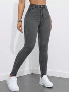 SHEIN ICON 女款時尚街頭風鈕扣口袋修身牛仔長褲 - 深灰色 - 查看 1