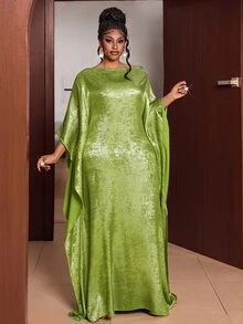 Maweii European Style Off-Shoulder Batwing Sleeve Metallic Luster Crinkled Satin Loose Long Dress Evening Gown - Green - View 7