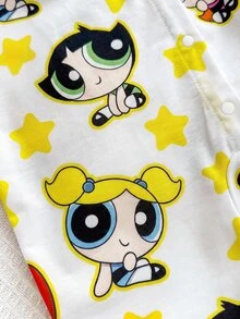 THE POWERPUFF GIRLS X SHEIN 女嬰卡通印花彼得潘領長袖連身衣 - 黃色 - 查看 6