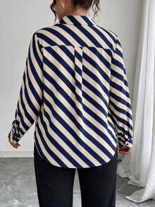 Elenzga Plus Size Elegant Diagonal Striped Satin Shirt Lapel Long Sleeve Silky Embroidery Blouse - Multicolor - View 2