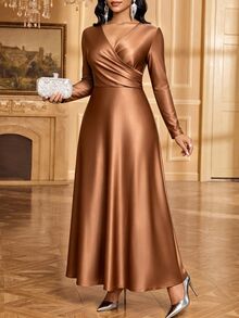 SHEIN Lady Women's Long Sleeve Overlap Design Solid Color Elegant Party Dress - Coffee Brown - View 4