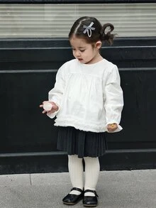 DAZY Infant/Toddler (Girl) Round Neck Long Sleeve Solid Color Spring/Autumn Korean Style Top - White - View 4