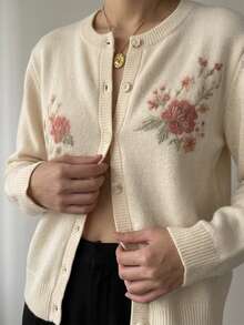 Strévra Women's Winter Beige Round Neck Button Cable Knit Long Sleeve Slim Fit Ribbed Cardigan - Beige - View 4