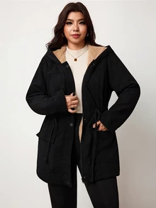 Enliva Plus Size Women's Hooded Padded Coat Drawstring Waist Flap Pocket Warm Outerwear Flattering Compatible With Apple Shape Rounded Body - Black - View 4