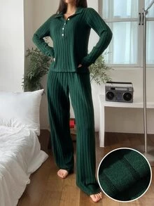 DAZY Women's Solid Color Long Sleeve Top And Pants Casual Daily Home Sleepwear Set - Coffee Brown - View 5