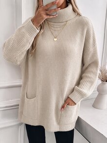 Elafinee Women's High Collar Dropped Shoulder Loose Lazy Long Sleeve Large Pocket Thickened Mid-Length Sweater, Autumn/Winter - Apricot - View 3
