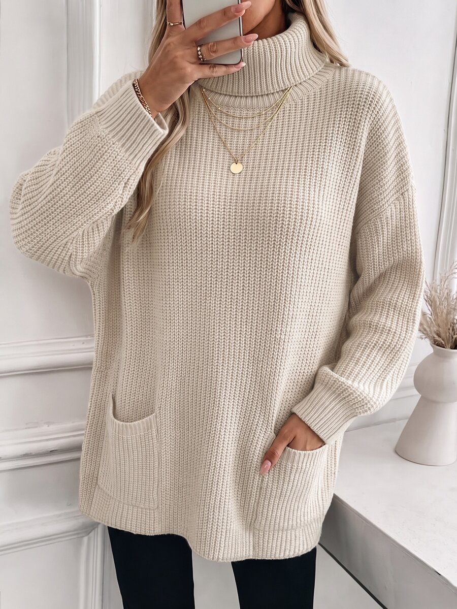 Elafinee Women's High Collar Dropped Shoulder Loose Lazy Long Sleeve Large Pocket Thickened Mid-Length Sweater, Autumn/Winter - Apricot - View 1