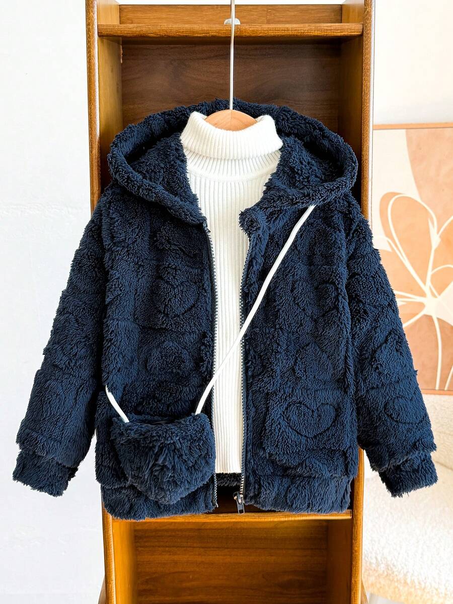 Elladie kids Girls' Fuzzy Jacket With 3D Heart Textured Pattern, Soft And Cute, Adding Sweet Girl Charm, Plush Material, Soft Touch, Comfortable Wear, Excellent Warmth, Suitable For Autumn/Winter Cold Weather, Comes With Cute Matching Color Crossbody Bag, Compact And Stylish Design, Practical And Fashionable - Royal Blue - View 1