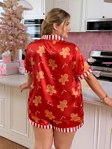 Slumberry CURVE Plus Size Cartoon Print Short Sleeve Top And Shorts Set - Burgundy - View 2