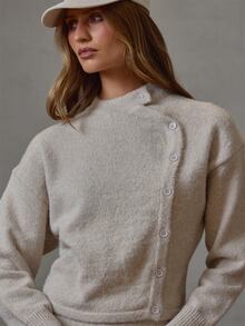MUSERA Beige Asymmetric Knitted Button Through High Neck Batwing Jumper Fall Winter Everyday Causal Going Out Cool Girl Festival Forces - Apricot - View 4