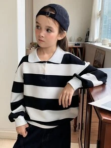 Dazy Kids (فتاة مراهقة) سويتشيرت فضفاض بياقة مخططة كاجوال بأكمام طويلة، خريف/شتاء - أبيض وأسود - مشاهدة 1