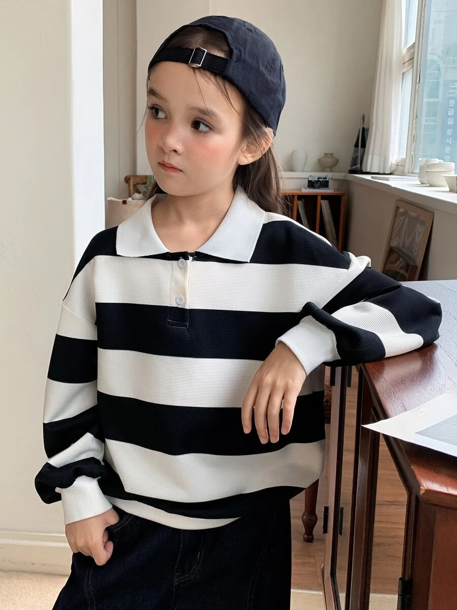 Dazy Kids (فتاة مراهقة) سويتشيرت فضفاض بياقة مخططة كاجوال بأكمام طويلة، خريف/شتاء - أبيض وأسود - مشاهدة 1