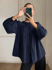 DAZY 女款純色寬鬆圓領娃娃領襯衫 3/4袖 壓褶燈芯絨休閒度假風 春秋襯衫 - 藏蓝色 - 查看 4