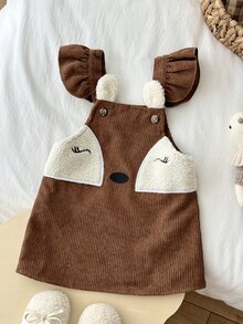 SHEIN Baby Girl Woven Colorblock Cute Deer Embroidery Pattern Corduroy Overall Dress - Multicolor - View 4