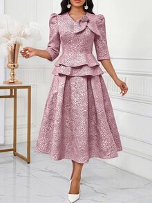SHEIN Lady Women's 3D Floral Decor Top And Skirt Fashion 2 Pieces Set - Pink - View 4