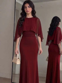 SHEIN Teen Girls Partywear Red Elegant Tight Fitted Dress Wedding Formal Dinner Summer - Burgundy - View 3