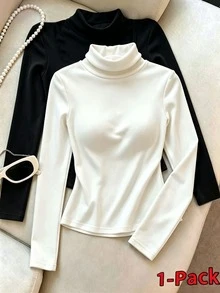 Resyla Women's High Neck Long Sleeve Solid Color Knit T-Shirt, Spring/Autumn - White - View 1
