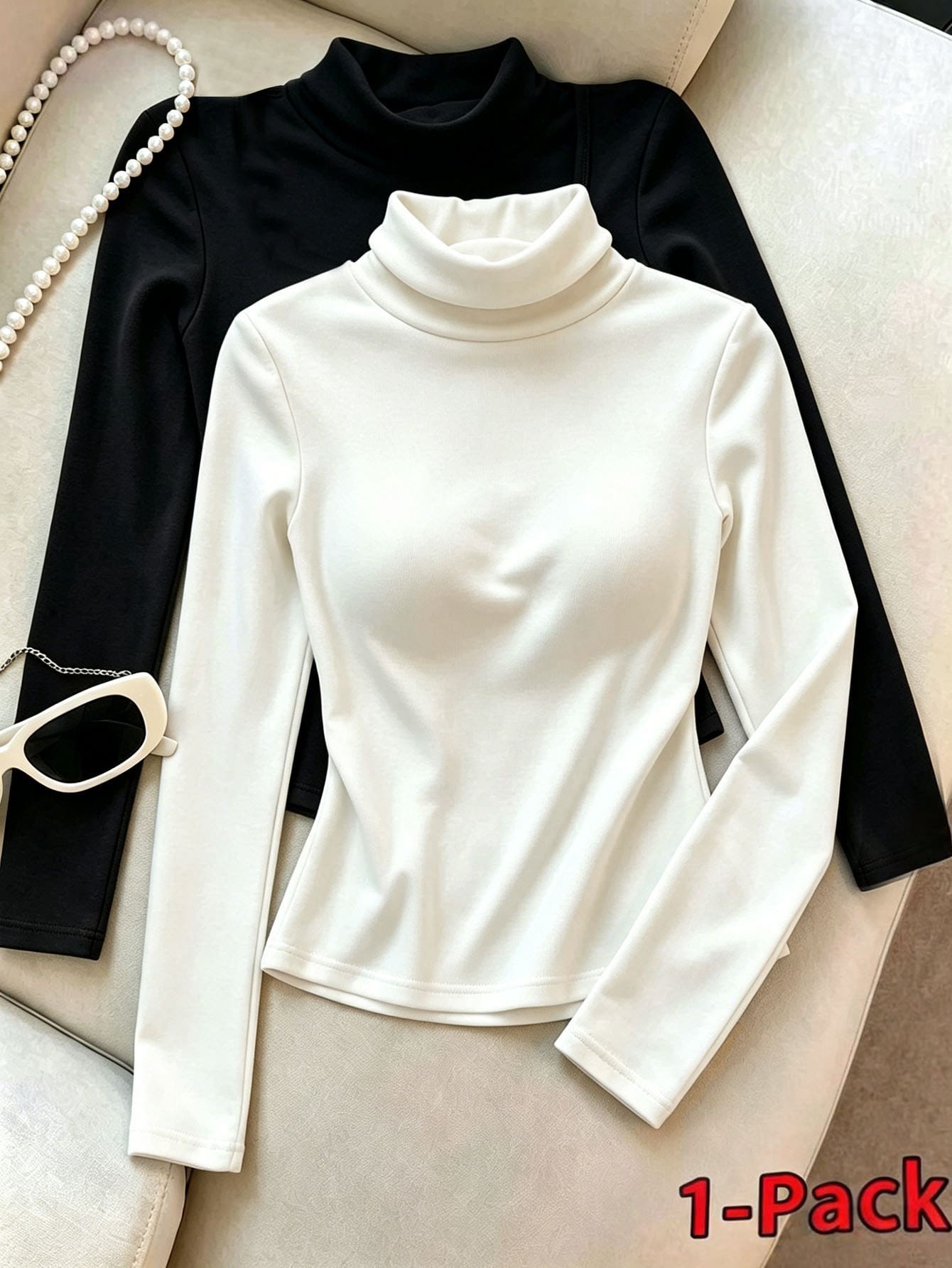 Resyla Women's High Neck Long Sleeve Solid Color Knit T-Shirt, Spring/Autumn - White - View 1