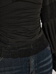 SHEIN ICON Women Plus Size Deep V Neck Lace Patchwork Casual Daily Wear Blouse Fall - Black - View 8