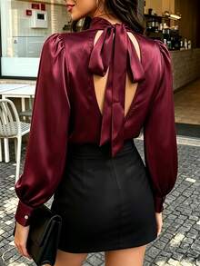 Cévolie Women's Elegant Burgundy Satin Long Sleeve Blouse With Stand Collar, Back Tie And Hollow Out Design, Suitable For Commuting Dinner Cocktail Summer - Burgundy - View 1