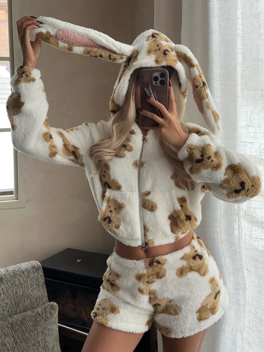 CovetEZ Women's Plush Zip-Up Hooded Top With Pockets And Cartoon Jacquard Shorts Set - White - View 1