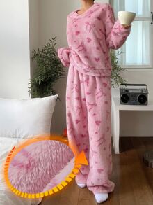 DAZY Set Piyama Wanita Atasan Lengan Panjang dan Celana Berbahan Plush dengan Motif Pita - Berwarna merah muda - View 6