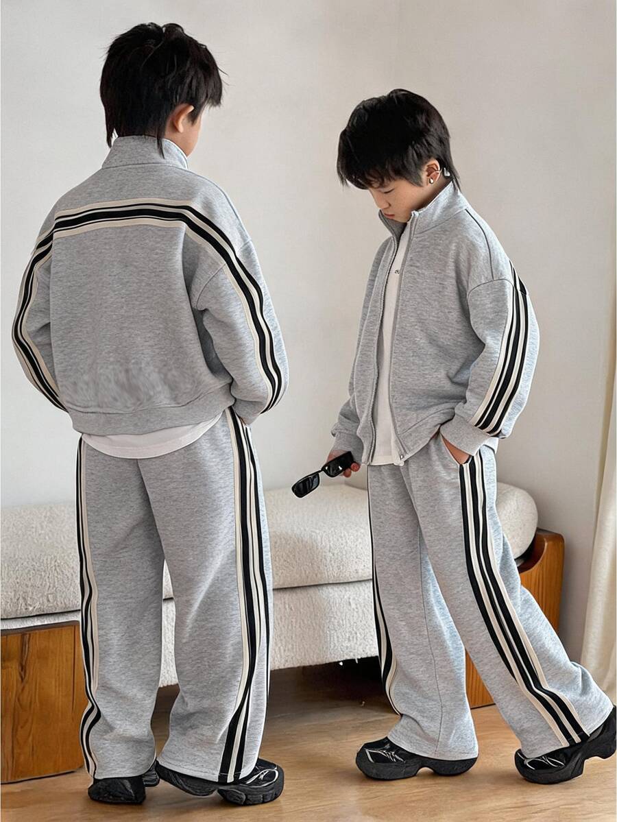 2件組兒童青少年男孩休閒運動拼接色連帽外套與長褲套裝，適合通勤、上學、日常穿著、度假、旅行、運動，秋冬款 - 紅色 - 查看 1