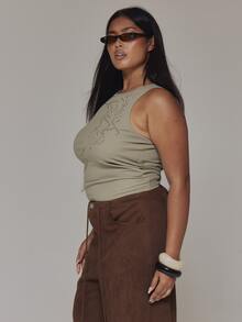 MUSERA Green Ribbed Embellished Detail Racer Top Casual Cool Basic Fall Winter Autumn - Green - View 4