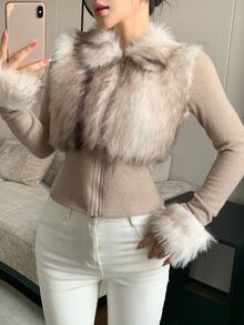 DAZY Autumn/Winter Beige Camel Faux Fur Patchwork Slim Fit Cinched Waist Sweet Date Wedding Party Women's Jacket - Khaki - View 4