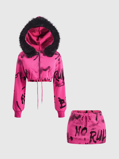 ROMWE Street Life Street Style Hot Girl Rose Pink Cropped Sweatshirt With Letter Graffiti Print, Fleece Collar, Short Length, 2 Pieces Set For Women