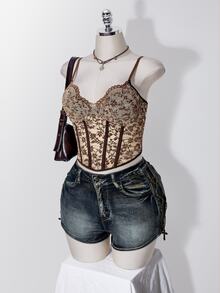 SHEIN ICON Women's Plus Size Lace Camisole Tank Top - Brown - View 6