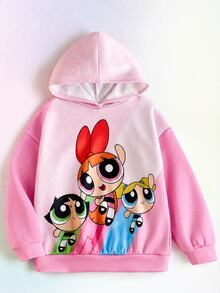 THE POWERPUFF GIRLS X SHEIN 1件少女休閒百搭粉色卡通圖案連帽寬鬆長袖衛衣，適合秋冬日常穿著、室內、運動、拍照、假期與生日 - 粉色 - 查看 8