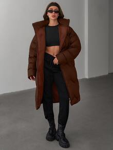 EURMUSE Women Solid Color Contrast WhiteColor Lining Detailed Long Winter Coats - Brown - View 5