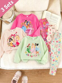 SHEIN 幼童女款公主卡通花卉運動衫與喇叭褲套裝，粉色/綠色/米色（3套組）秋冬款 - 彩色 - 查看 1