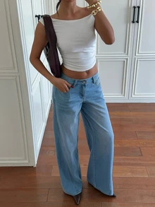 Siren Gaze Jeans Denim Kasual Harian untuk Wanita dengan Saku dan Kancing - Biru - View 3