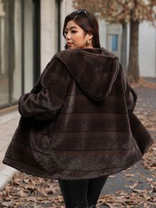 SHEIN Clasi Plus Size Women's Solid Color Fashion Versatile Winter Faux Fur Coat - Coffee Brown - View 2