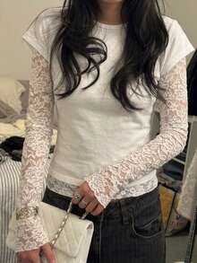 Livesso Women's White Round Neck Long Sleeve Solid Color Loose Casual Drop Shoulder All-Match Versatile T-Shirt, Autumn - White - View 5