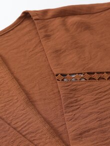 Linhara CURVE Women's Plus Size Faux Linen V-Neck Patchwork Lace Hollow Out Blouse Long Sleeve Loose Brown Shirt Fall - Brown - View 5
