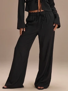 Athîral Women's Tie-Front Ruffle Long Sleeve Top & Solid Color Pants Two Pieces Set - Black - View 4