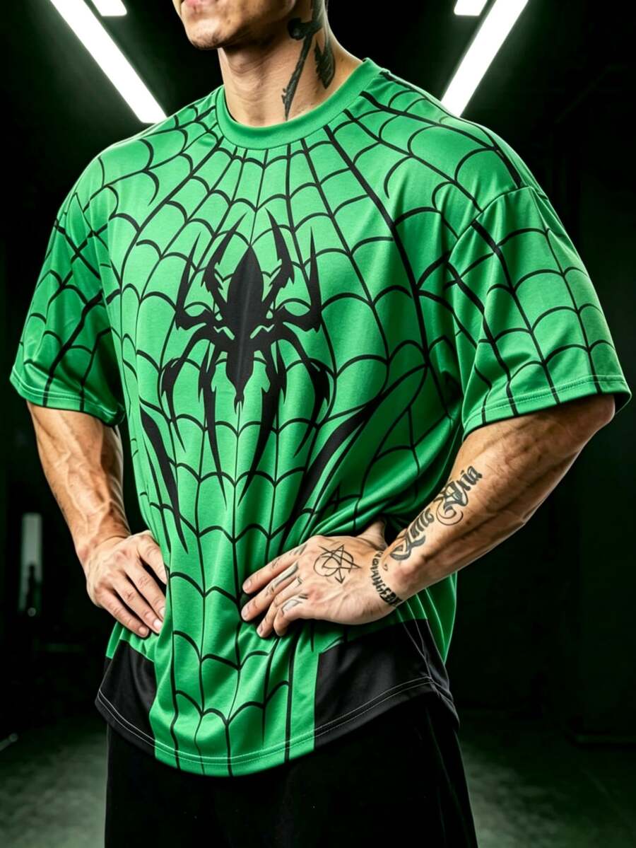 GymBeat Men's Fashion Spider Pattern Sports T-Shirt - Green - View 1