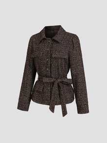 Sweetra Autumn/Winter Retro Mixed Color Herringbone Jacquard Waist-Cinching Overcoat, Classic Lapel Design, Metallic Texture Buttons, 3D Patch Pockets, Elegant And Sharp Vintage Vibe, Fashionable Versatile For Daily Commute And Weekend Outings - Brown - View 3