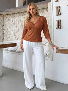 Auralis Early Autumn Deep V-Neck Back To School Season Mid-Sleeve Fitted Teal Plus Size Elegant T-Shirt/Modern Commute - Brown - View 8