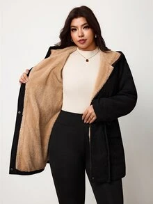 Enliva Plus Size Women's Hooded Padded Coat Drawstring Waist Flap Pocket Warm Outerwear Flattering Compatible With Apple Shape Rounded Body - Black - View 3