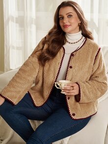 EMERY ROSE Women's Plus Size Colorblock Short Plush Jacket Autumn Clothes For Women Winter Clothes Fall Winter 2026 Color-Blocked Plush Coat - Khaki - View 4